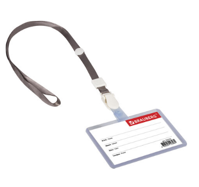 Бейдж школьника горизонтальный (55х90 мм), на ленте со съемным клипом, СЕРЫЙ, BRAUBERG, 235765