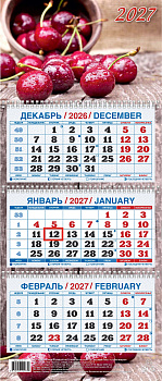 Календарь квартальный настенный трехблочный (2027), Спелая вишня, в европакете, 195х465, КМ14-27